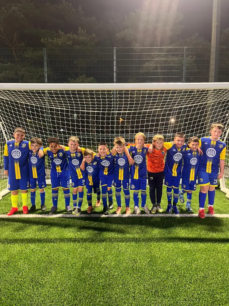 A squad in their brand new kit, lined up in a goal under the floodlights